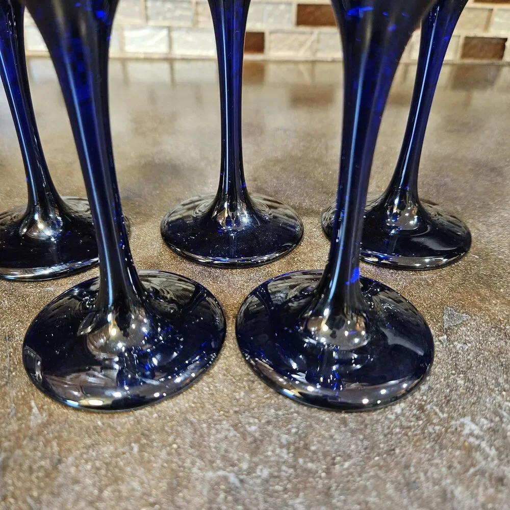 2 Vintage Champagne Flutes 2000 The New Millennium Cobalt Blue Embossed Glasses